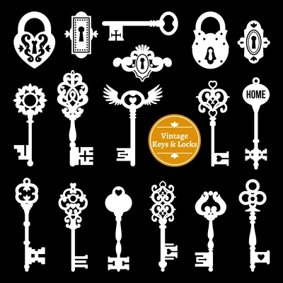 White keys and locks set on black background in vintage style isolated vector illustration