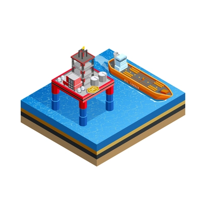 Offshore production platform oil rigs for drilling from seabed and tanker transport isometric icon white background vector illustration