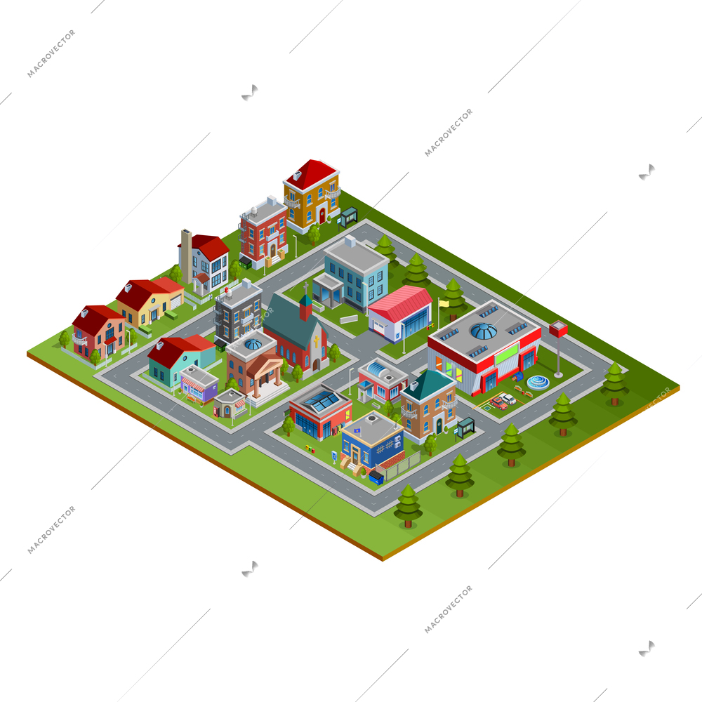 Isometric cityscape with low-rise houses historic buildings church stores and fir trees along roads on white background vector illustration