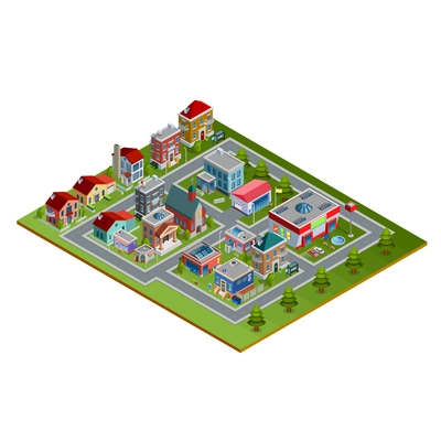 Isometric cityscape with low-rise houses historic buildings church stores and fir trees along roads on white background vector illustration