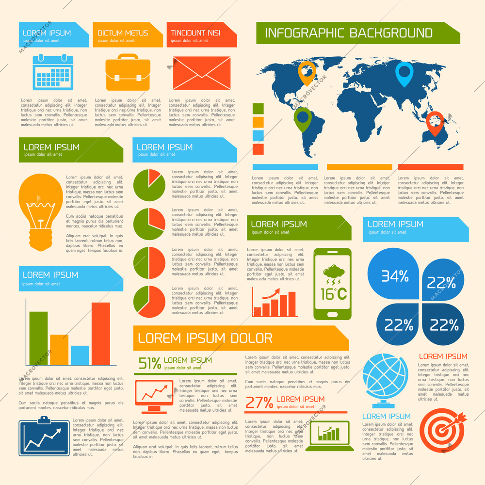 Business infographic elements set with world map charts and office work items vector illustration