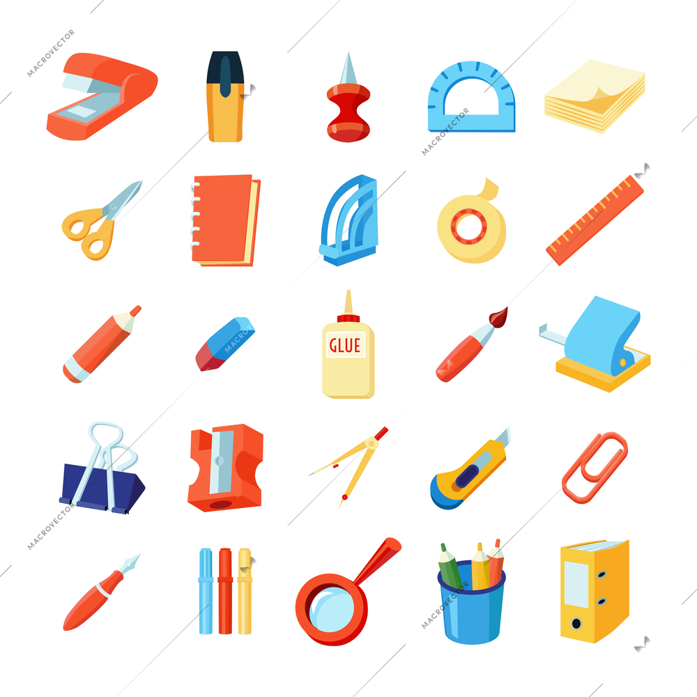 Colorful stationery icons set of various office supplies in flat style isolated vector illustration