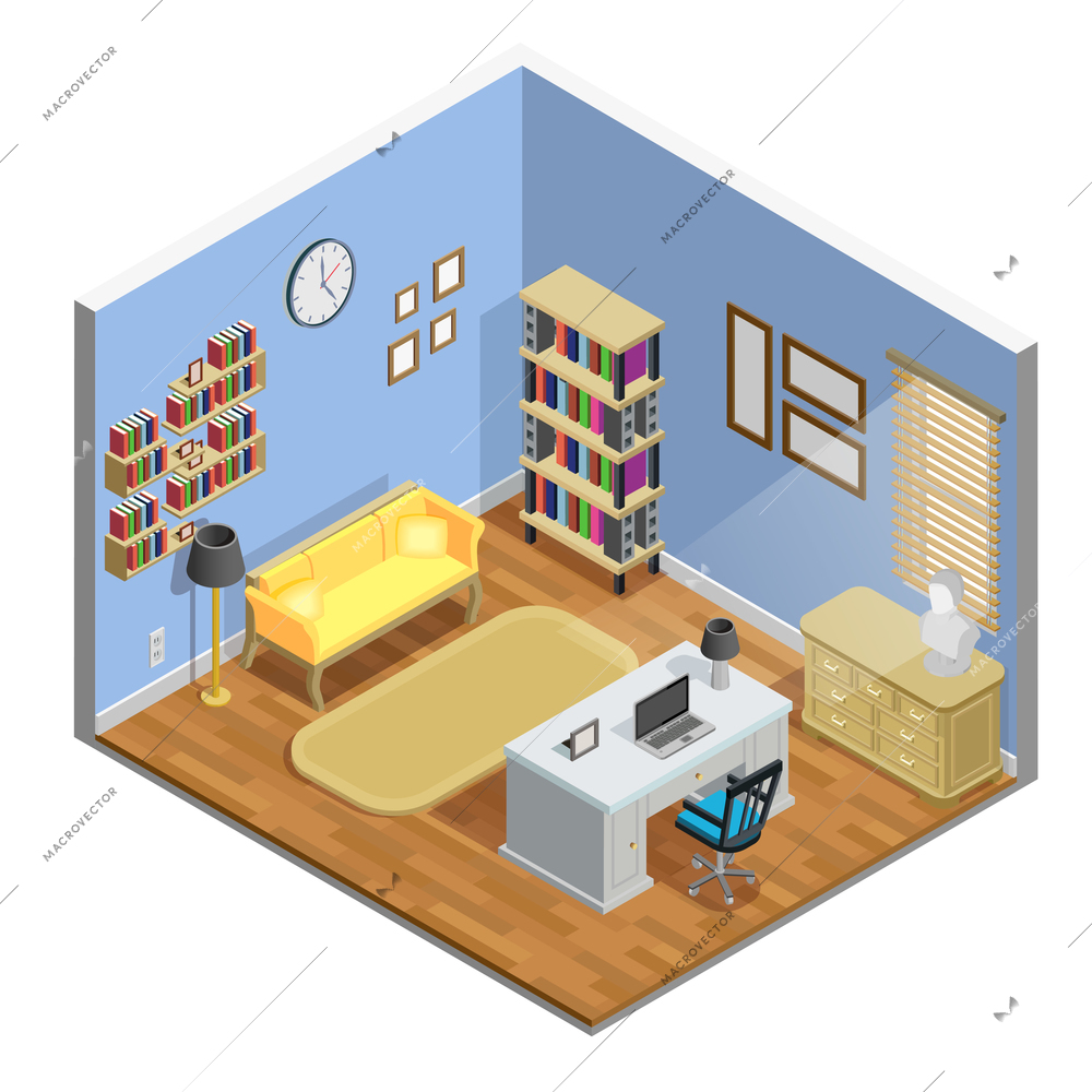 Study room isometric concept with table sofa and laptop vector illustration