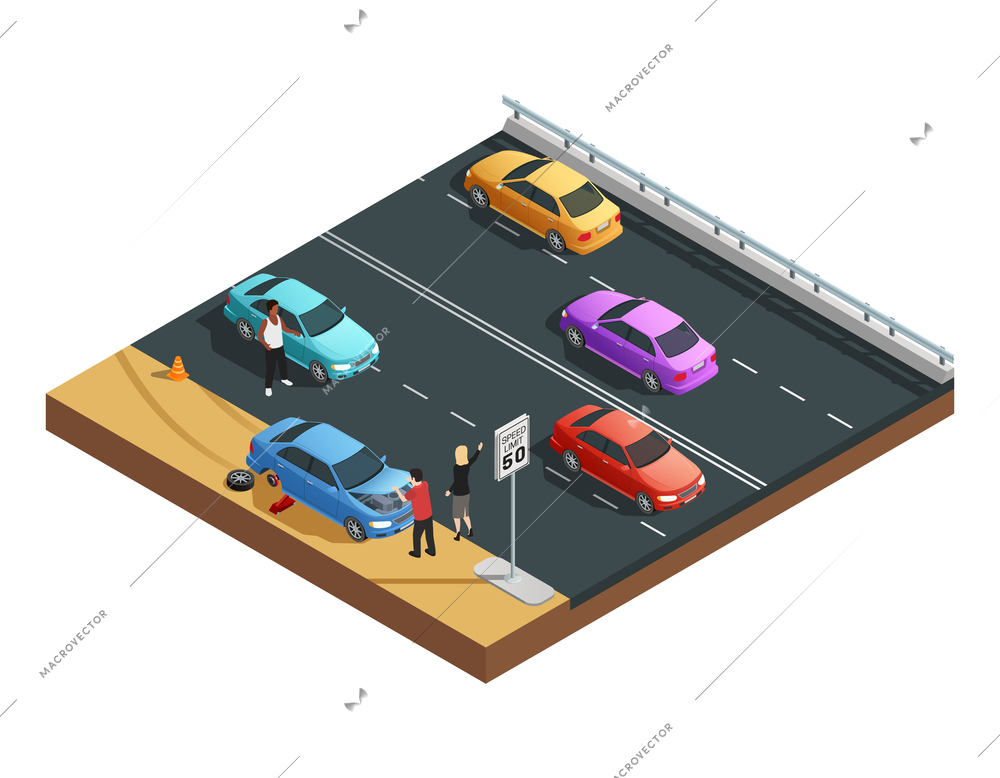 Car accidents isometric composition with two people having flat tyre and asking for help vector illustration