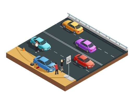 Car accidents isometric composition with two people having flat tyre and asking for help vector illustration