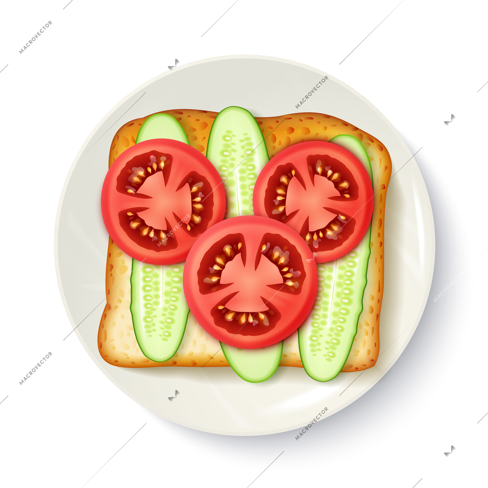 Healthy breakfast idea of wholegrain bread with fresh tomato and cucumber slices appetizing top view vector illustration