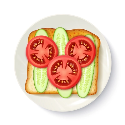 Healthy breakfast idea of wholegrain bread with fresh tomato and cucumber slices appetizing top view vector illustration