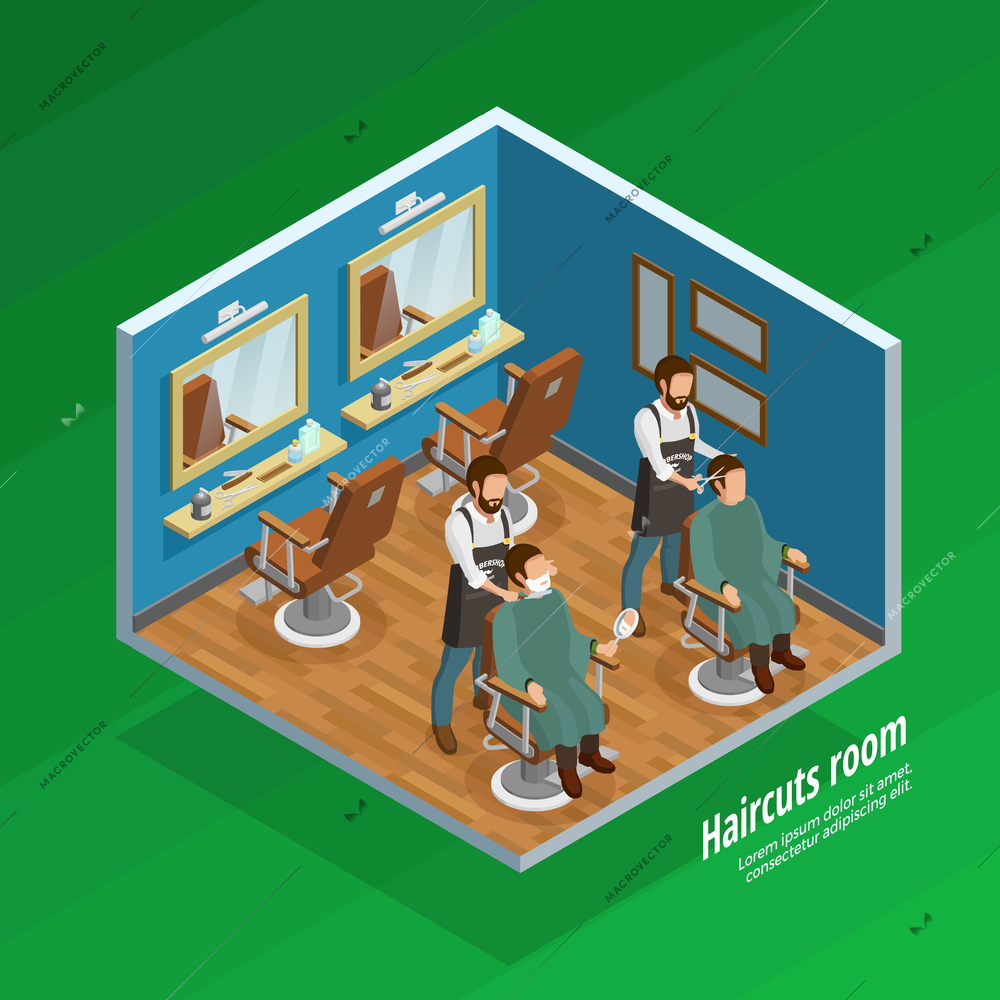 Haircut room isometric concept with barber and equipment symbols on green background vector illustration