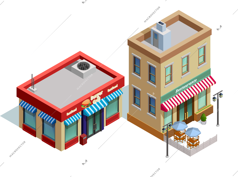 Restaurant buildings isometric composition with fast food and high quality restaurant symbols vector illustration