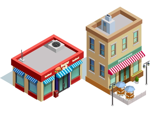 Restaurant buildings isometric composition with fast food and high quality restaurant symbols vector illustration