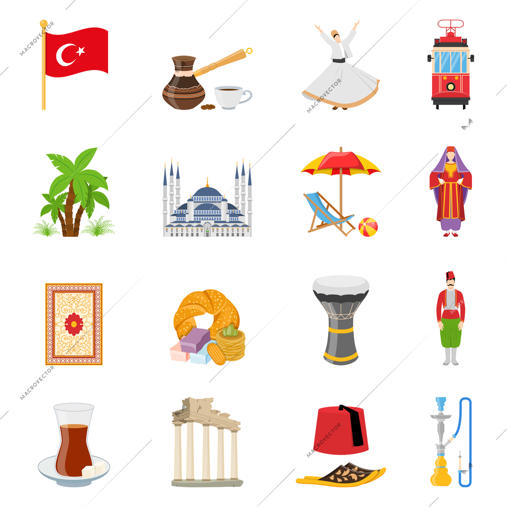 Turkey flat colored icons set with historical landmarks flag and elements of national culture and traditional clothes isolated vector illustration