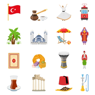 Turkey flat colored icons set with historical landmarks flag and elements of national culture and traditional clothes isolated vector illustration