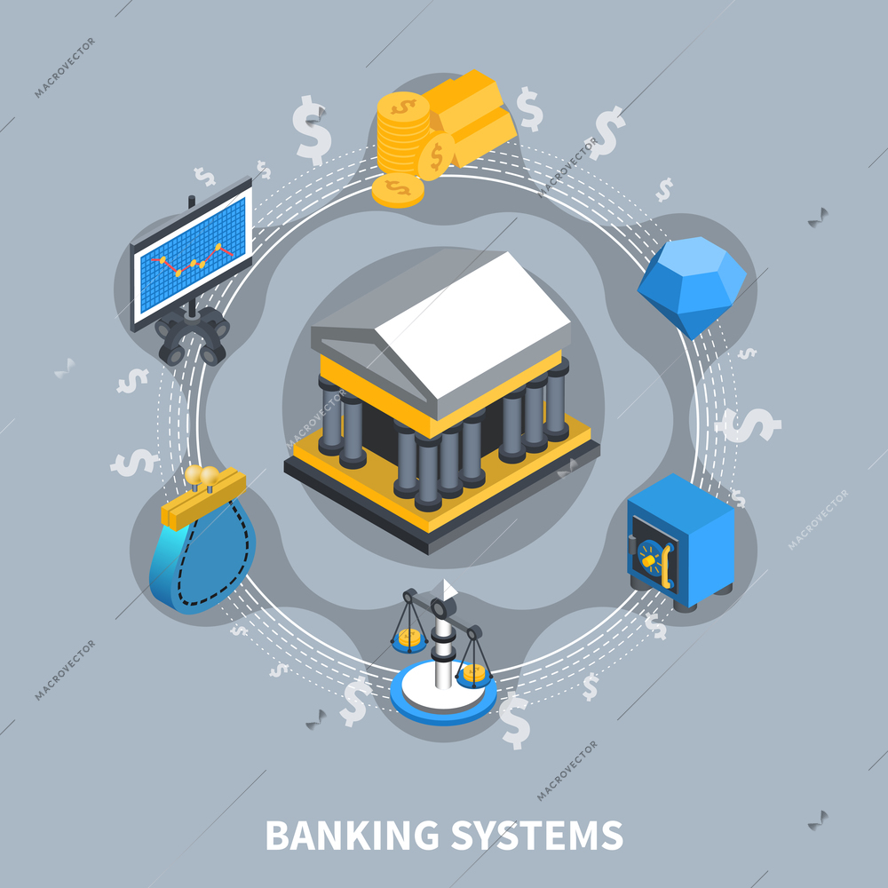 Banking systems financial isometric icons round composition with wallet coins safe box bank computer scales flat vector illustration