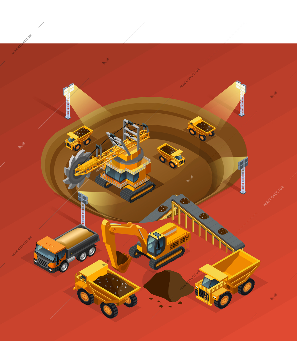 Mining isometric concept with machinery and extraction on red background vector illustration