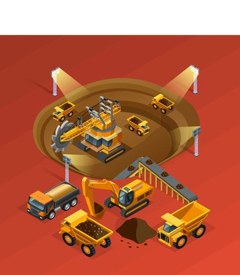 Mining isometric concept with machinery and extraction on red background vector illustration