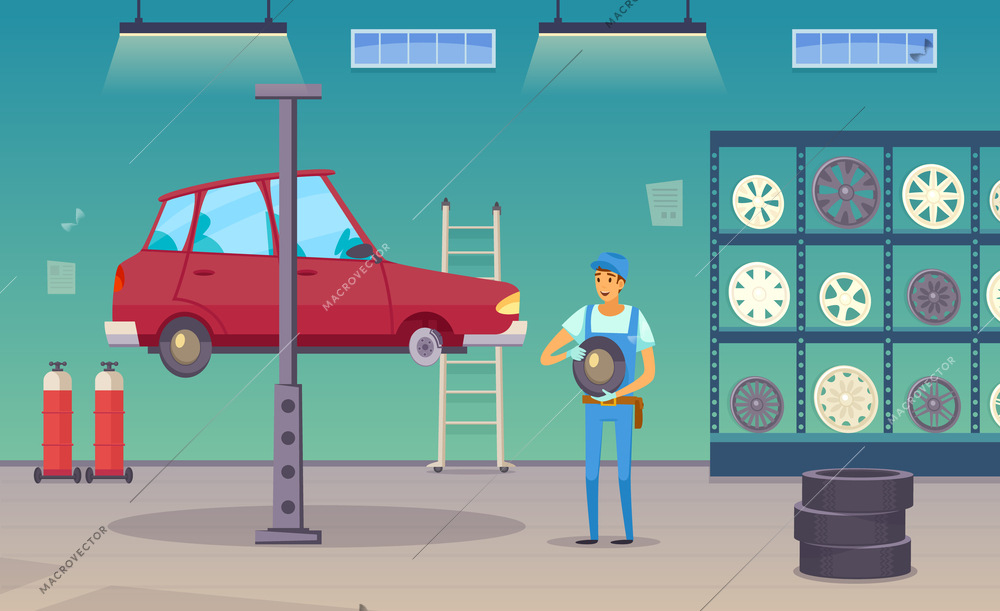 Auto repair shop service worker replaces damaged tyre and changing wheels with car lift poster vector illustration