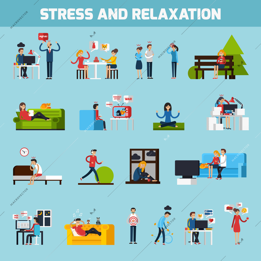 Stress and relaxation collection with people in stressful situations ways of treatment and prevention isolated vector illustration
