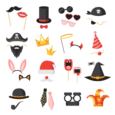 Photo booth party icons set with ears beard and glasses flat isolated vector illustration