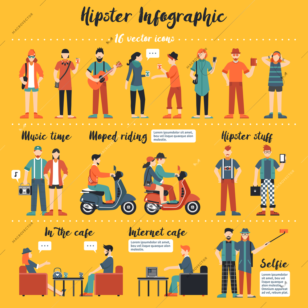 Hipster infographics template  with young people with wear in street  fashion and modern accessories on yellow background flat vector illustration