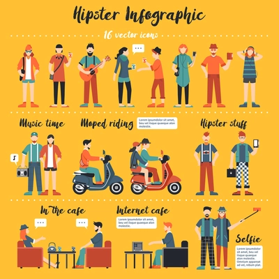 Hipster infographics template  with young people with wear in street  fashion and modern accessories on yellow background flat vector illustration