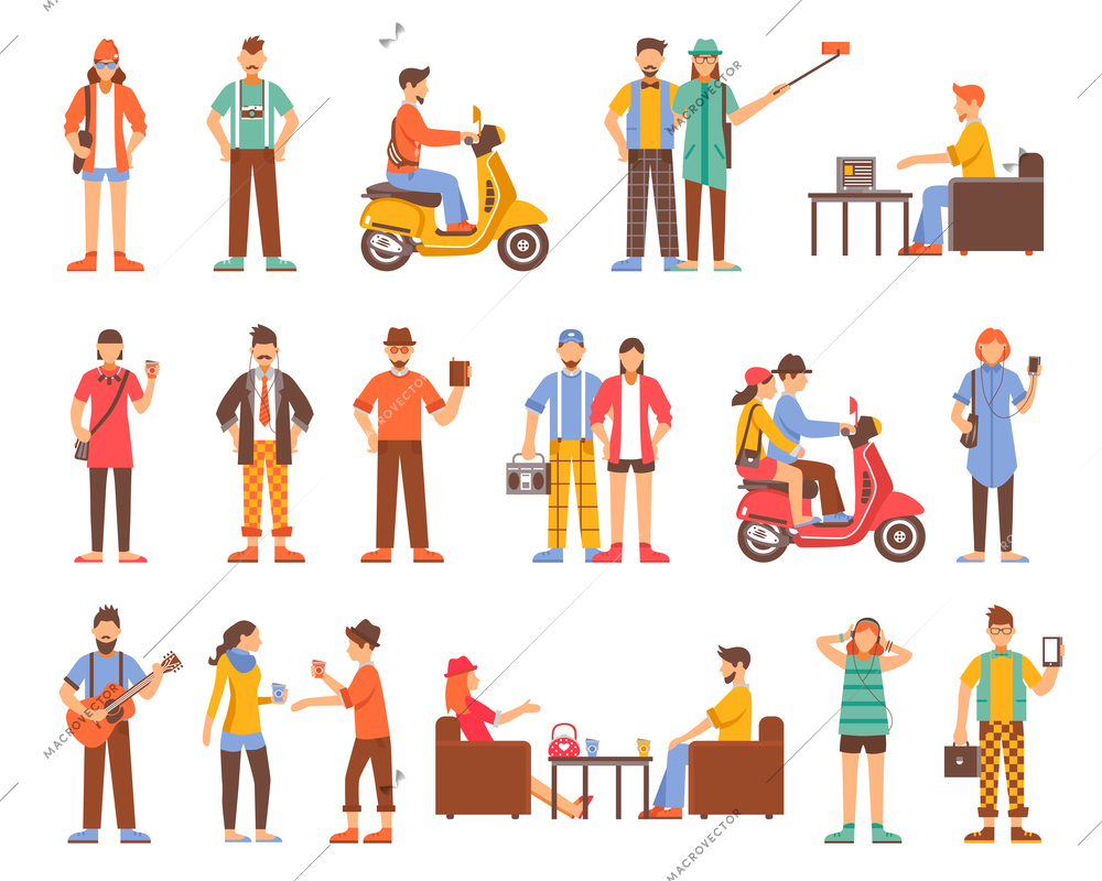 Colored isolated decorative icons set of young people with hipster fashion style on white background flat vector illustration