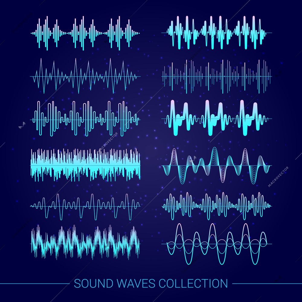 Sound waves collection with audio symbols on blue background flat isolated vector illustration