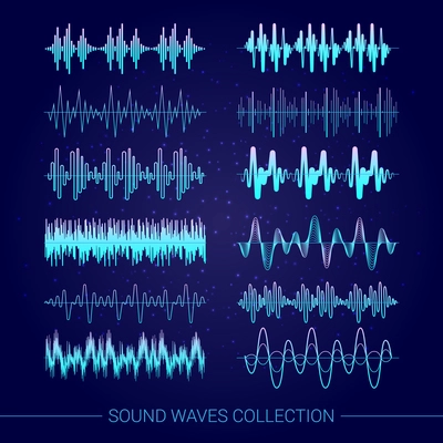 Sound waves collection with audio symbols on blue background flat isolated vector illustration