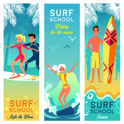 Surf school vertical banners with brave girls and boys surfing in summer vacation flat vector illustration