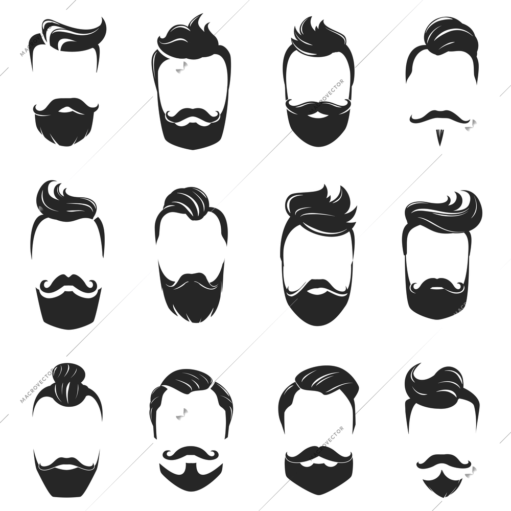 Hipster fashionable beard moustache and hair styles monochrome set isolated on white background flat vector illustration