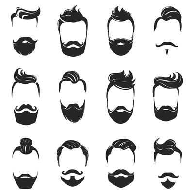 Hipster fashionable beard moustache and hair styles monochrome set isolated on white background flat vector illustration