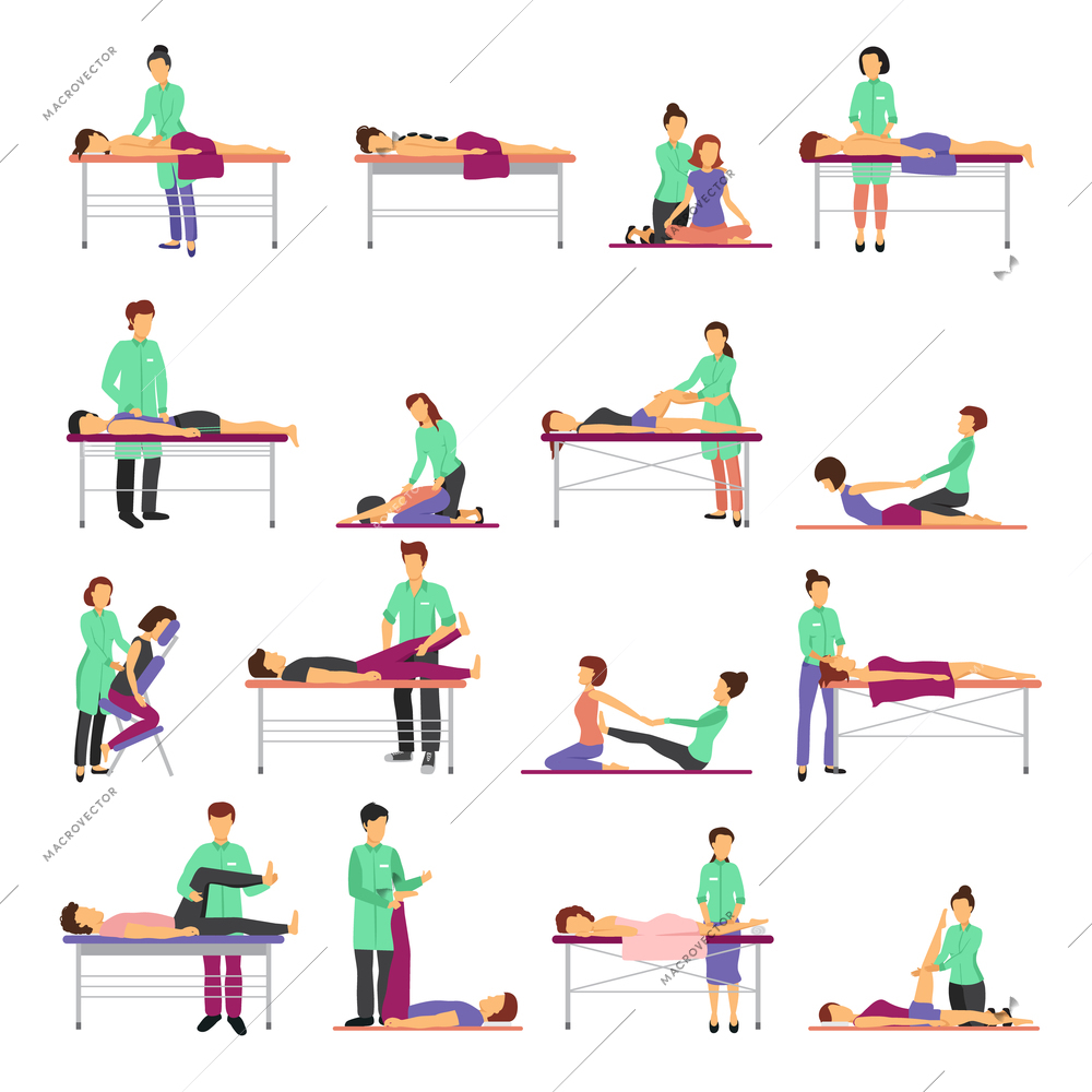 Massage icons set with healthcare symbols flat isolated vector illustration