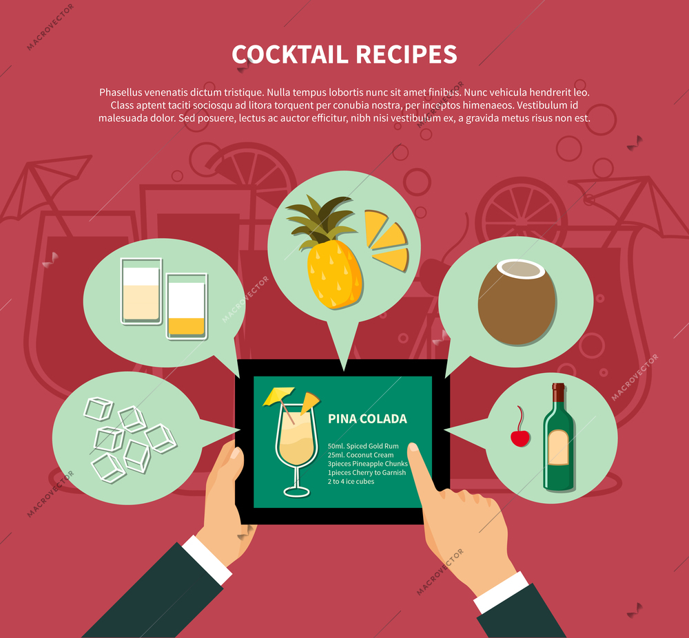 Cocktail recipe template of pina colada with colorful icons of ingredients in flat style vector illustration