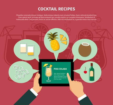 Cocktail recipe template of pina colada with colorful icons of ingredients in flat style vector illustration