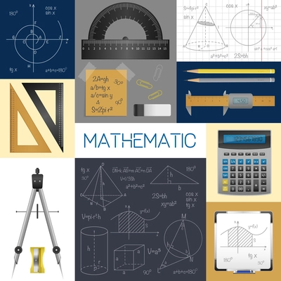 Mathematics science concept with rulers copybook compass pencils calculator formulas and diagrams isolated vector illustration