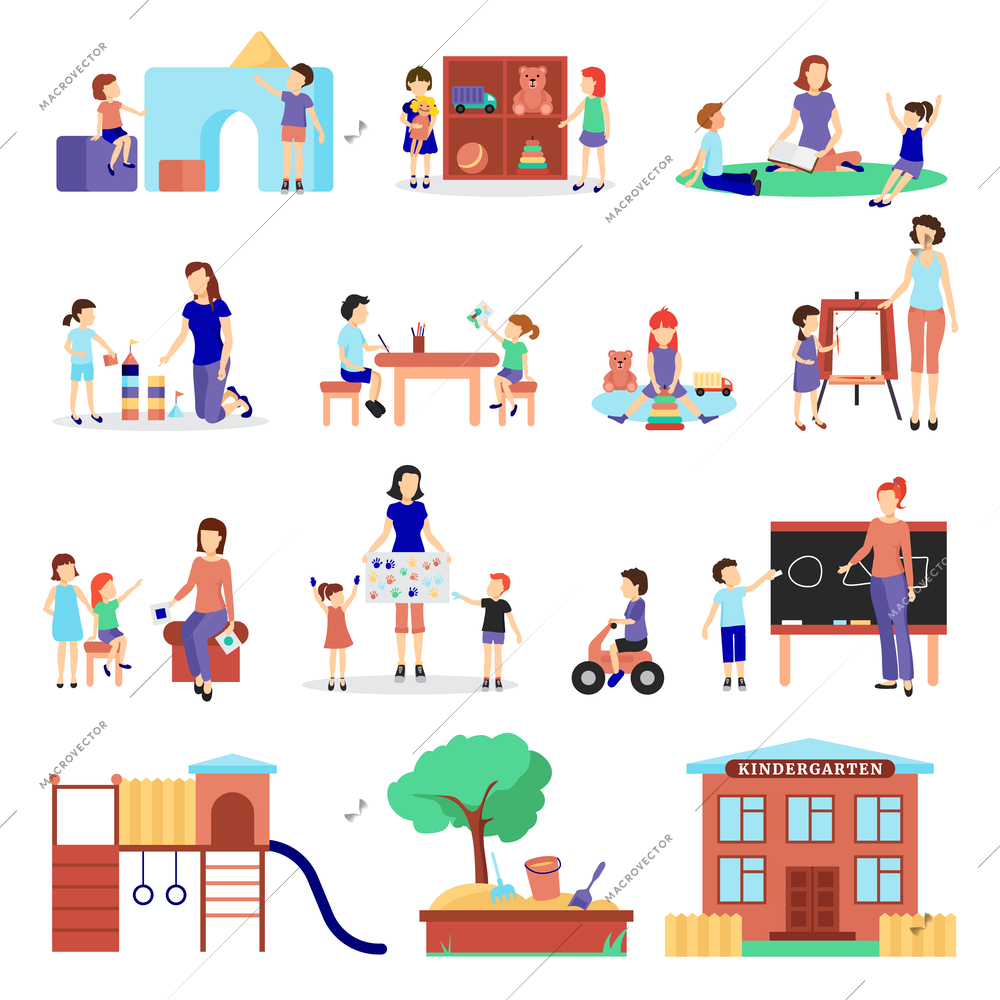 Kindergarten icons set with parents and children symbols flat isolated vector illustration