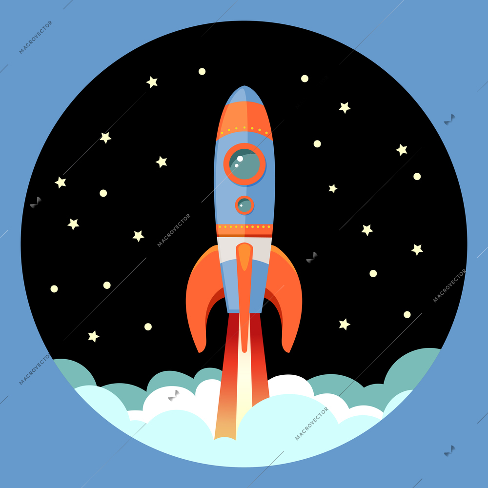 Space rocket ship start cartoon futuristic travel emblem with stars on background vector illustration