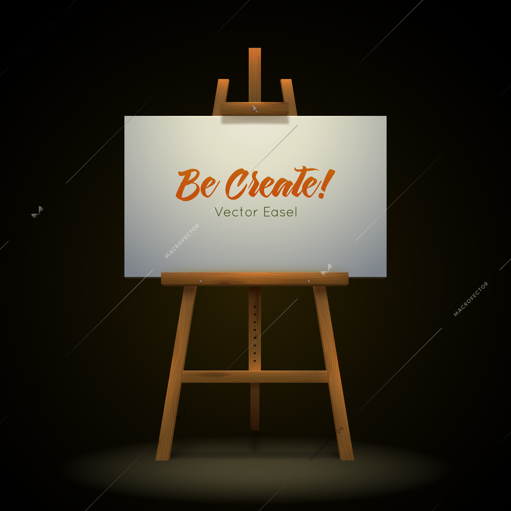 Wooden artist easel with white canvas isolated on dark background vector illustration