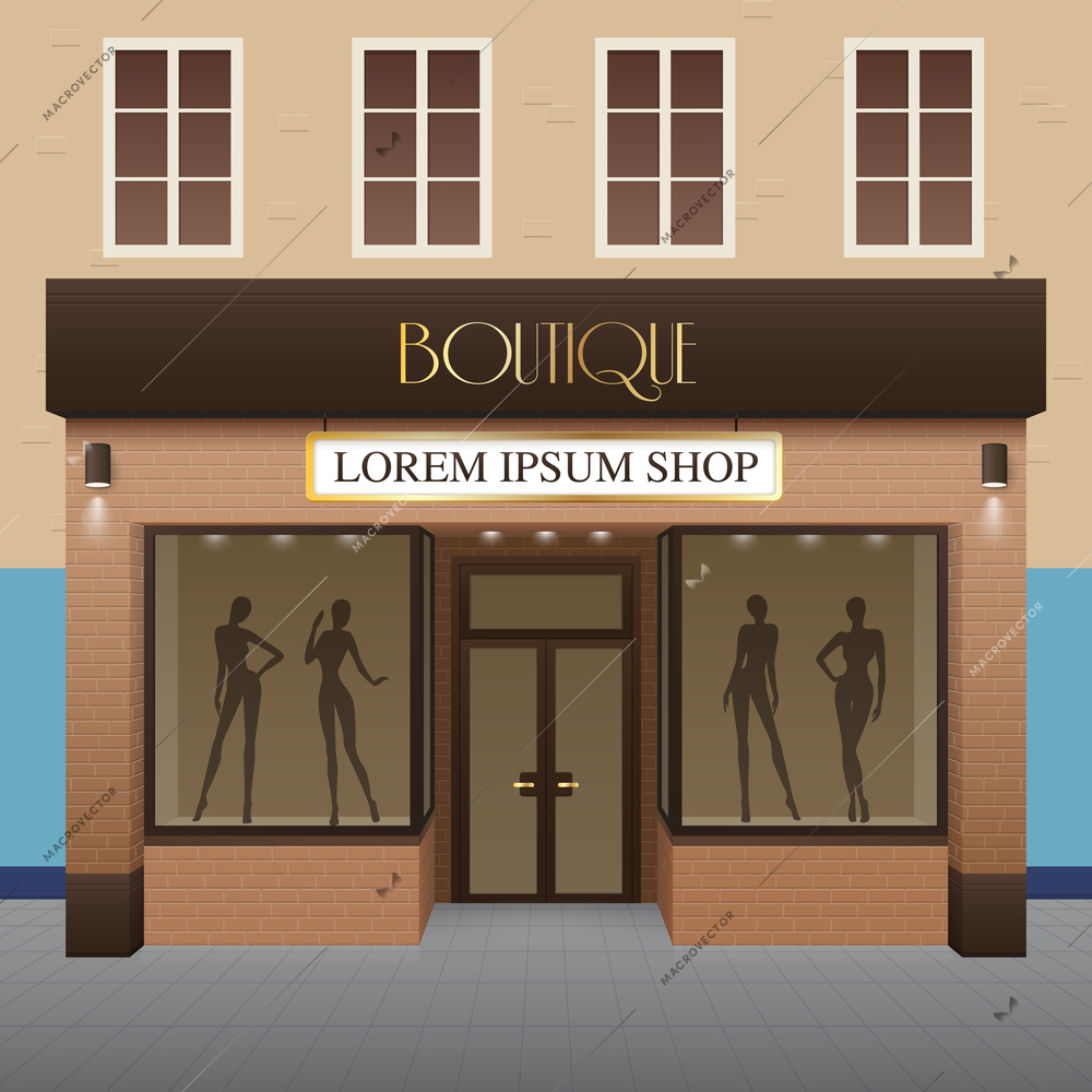 Boutique building realistic background with fashion and beauty symbols vector illustration