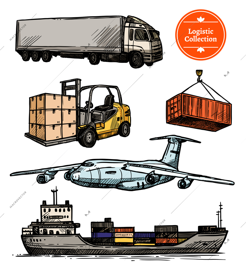 Colorful logistic set with truck forklift airplane ship and container in hand drawn style isolated vector illustration