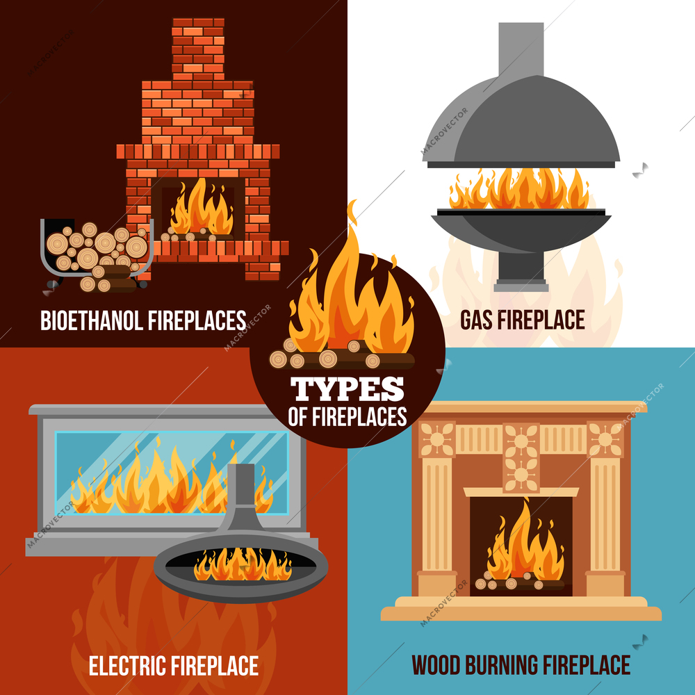 Fireplaces design concept with different types construction and source of burning isolated vector illustration
