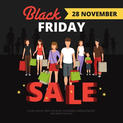 Sale poster with people and Black Friday shopping symbols flat vector illustration