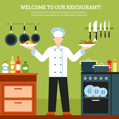 Professional cooking design composition with chef in restaurant kitchen interior holding plates with dishes flat vector illustration