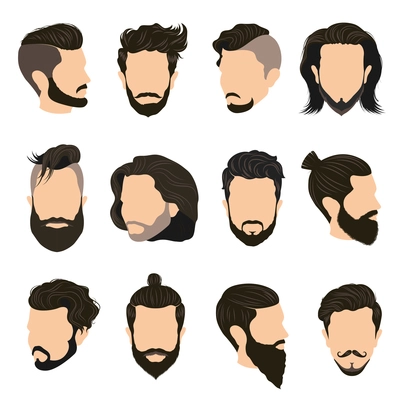 Men hairstyle icons set with beard and moustache flat isolated vector illustration