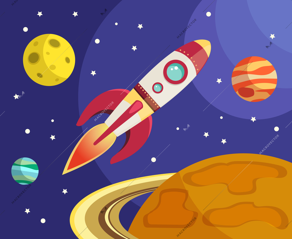 Space rocket ship flying in space with planets and stars on background print vector illustration