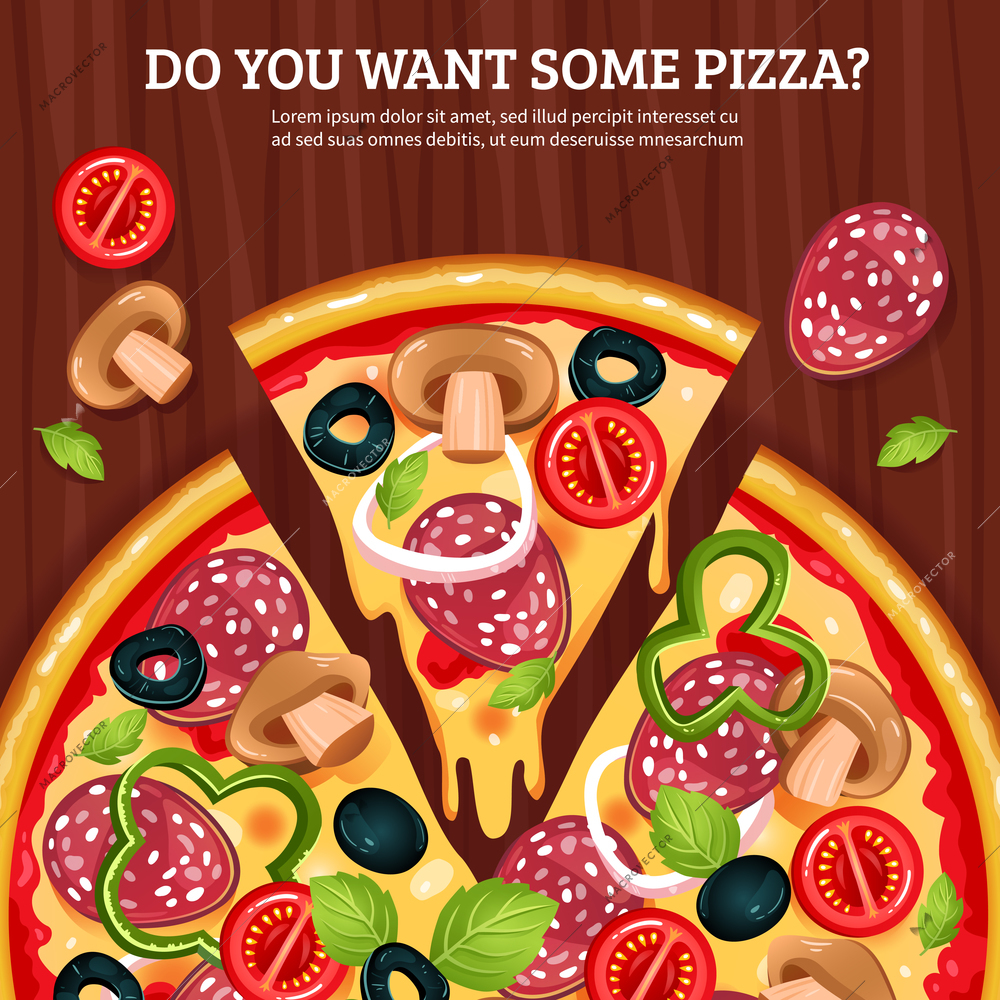 Flat vector illustration of pizza with cut piece and advertising text on wooden board background