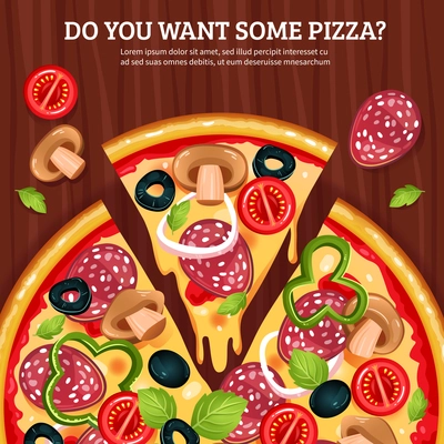 Flat vector illustration of pizza with cut piece and advertising text on wooden board background