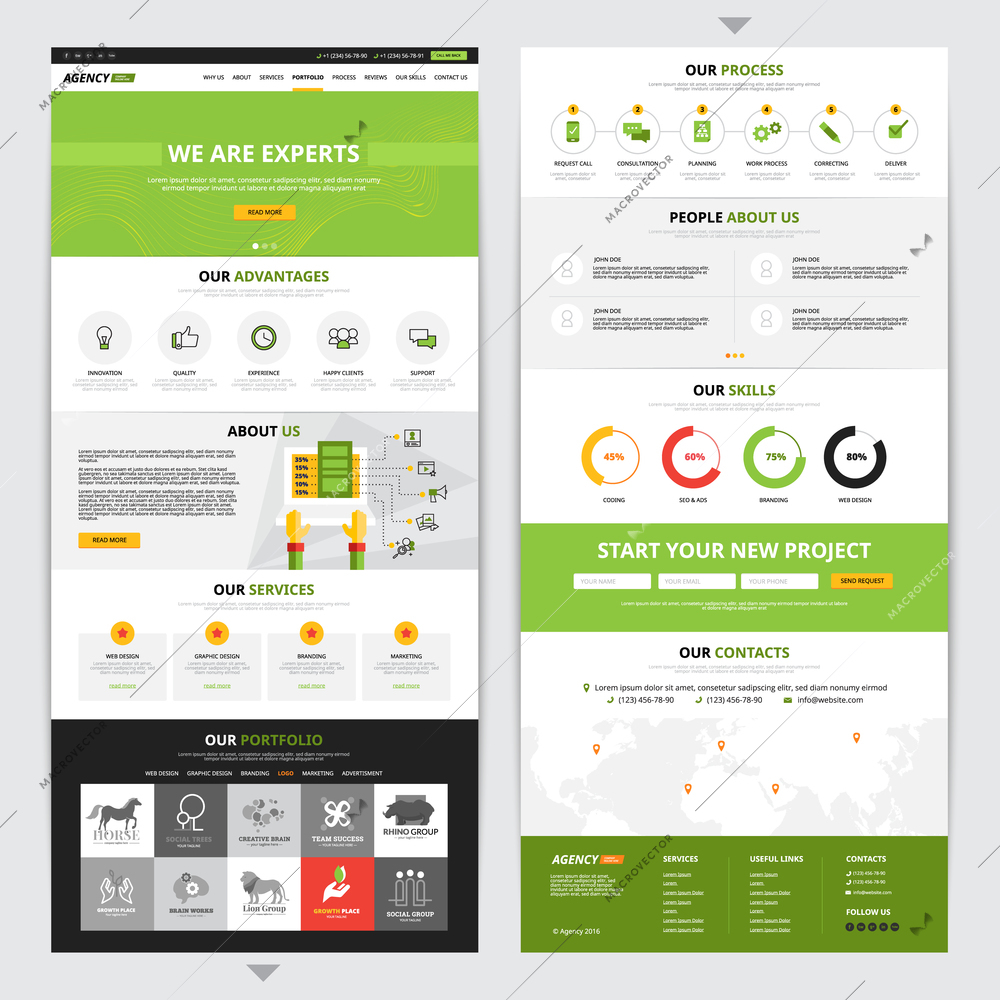 Web page vertical design set with new project symbols flat isolated vector illustration