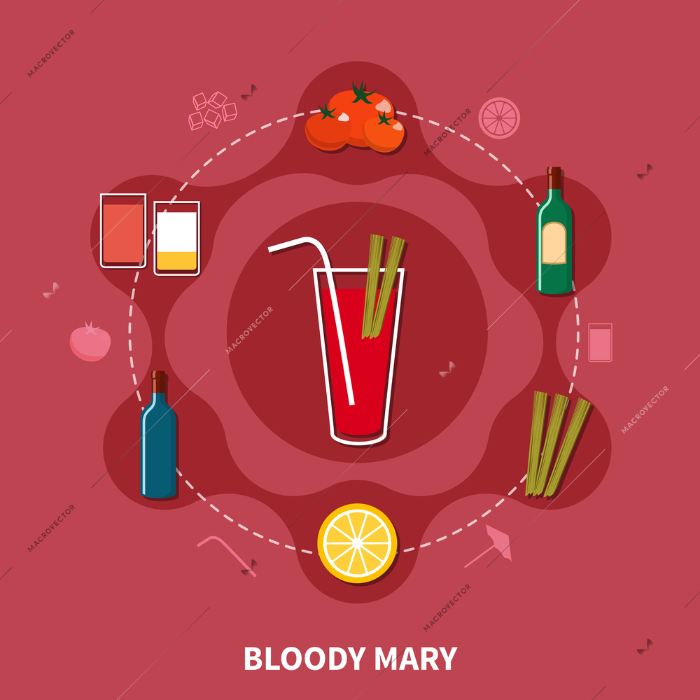 Cocktail recipe template with bloody mary and its ingredients in flat style isolated vector illustration