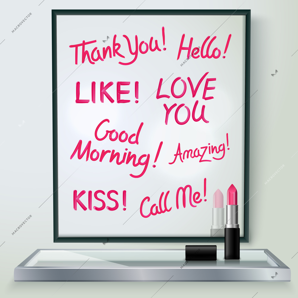 Pink red glossy lipstick words of love and affection in black frame on shelf realistic  image vector illustration