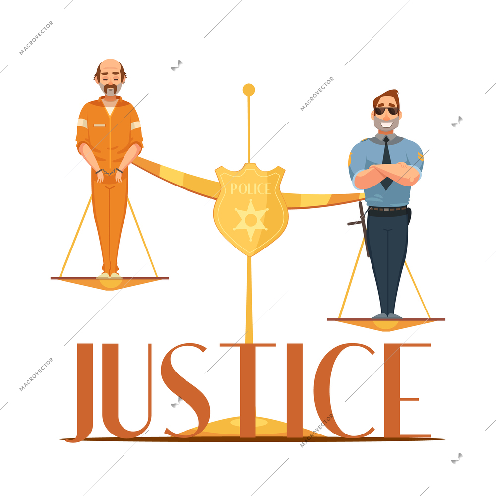 Law jurisdictions and scale of justice symbolic composition with convict and police officer retro cartoon vector illustration